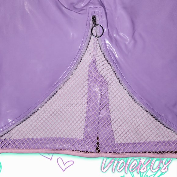 [L] Purple Vegan Leather PVC Wet Look Fishnet Zipper Skirt - Picture 3 of 4